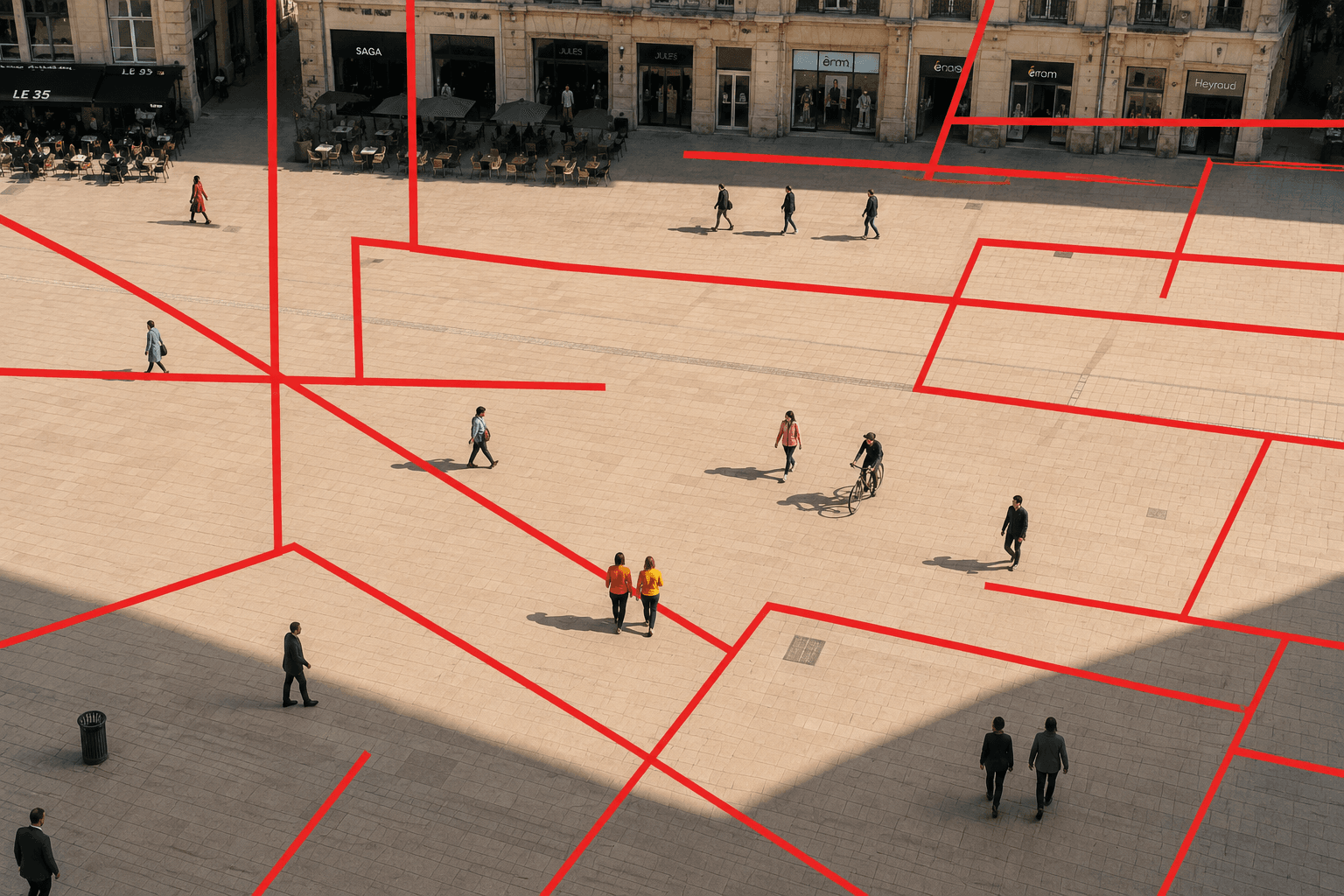Vue plongeante sur une place urbaine, avec des lignes rouges peintes au sol qui croisent les passants et structurent les trajectoires
